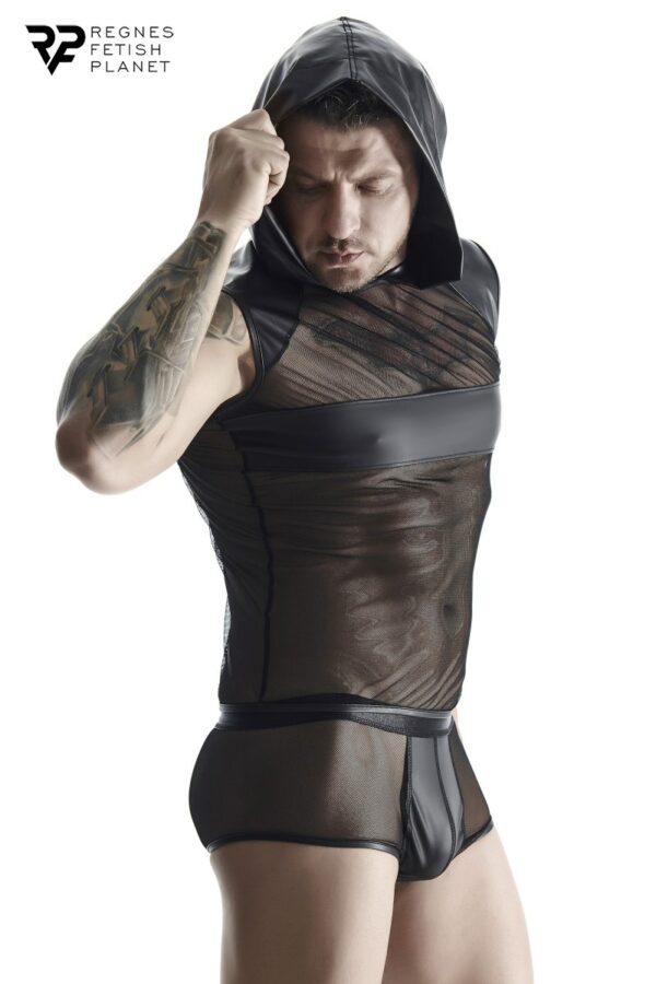 T-shirt à capuche wetlook et mesh – Regnes - 94edenstreet.com - sexshop en ligne