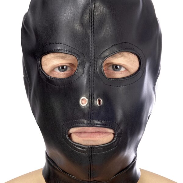 Cagoule BDSM 3 ouvertures en simili cuir – Fetish Tentation