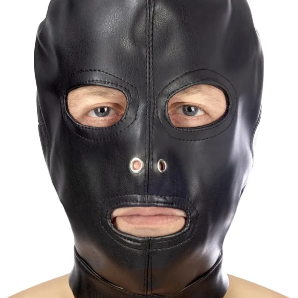 Cagoule BDSM 3 ouvertures en simili cuir – Fetish Tentation
