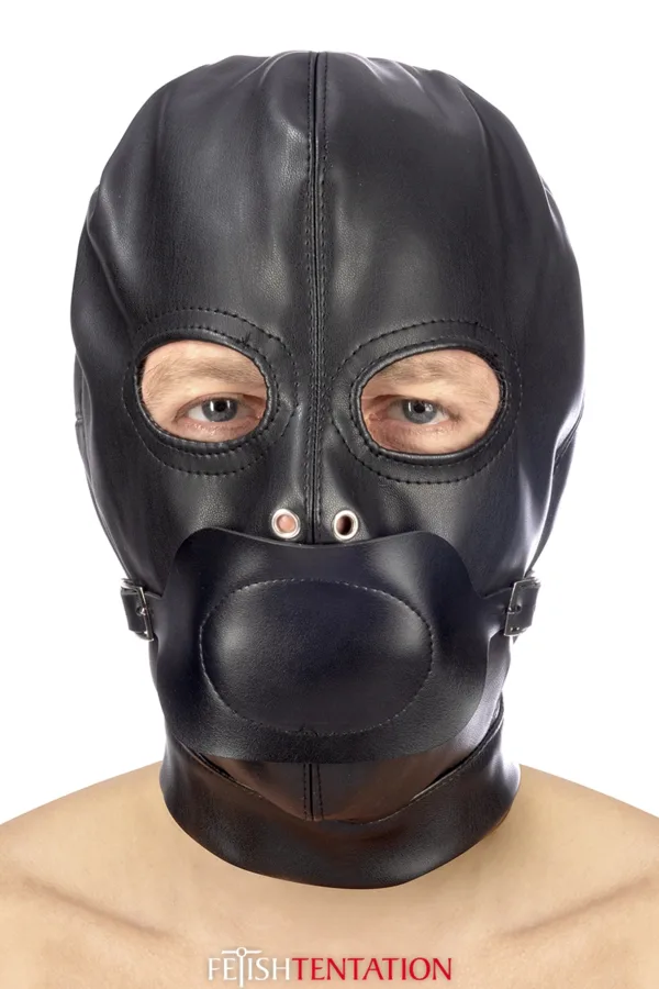 Cagoule BDSM simili cuir avec baillon amovible – Fetish Tentation - 94edenstreet.com - sexshop en ligne