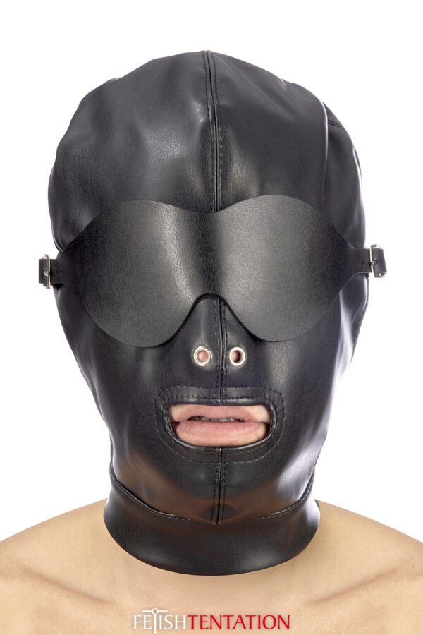 Cagoule simili cuir avec bandeau amovible – Fetish Tentation - 94edenstreet.com - sexshop en ligne