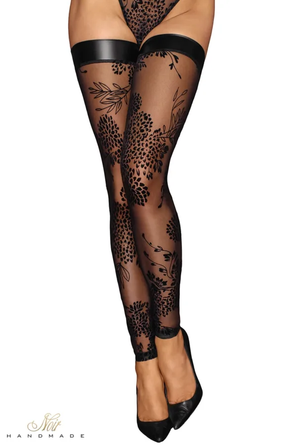 Bas autofixants en tulle floqué F243 - 94edenstreet.com - sexshop en ligne