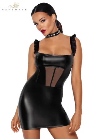 Robe courte wetlook et tulle F257 - 94edenstreet.com - sexshop en ligne