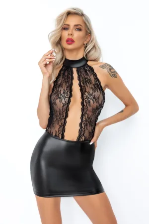 Robe courte wetlook et dentelle F279 - 94edenstreet.com - sexshop en ligne