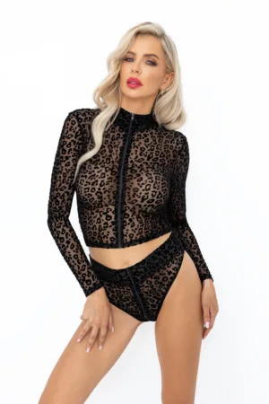 Top manches longues zippé en tulle léopard F289 - 94edenstreet.com - sexshop en ligne