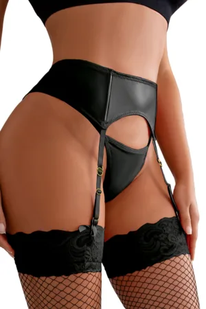Porte-jarretelles wetlook avec string noir - 94edenstreet.com - sexshop en ligne