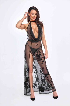 Robe longue dos nu Divinity F312 tulle floqué - 94edenstreet.com - sexshop en ligne