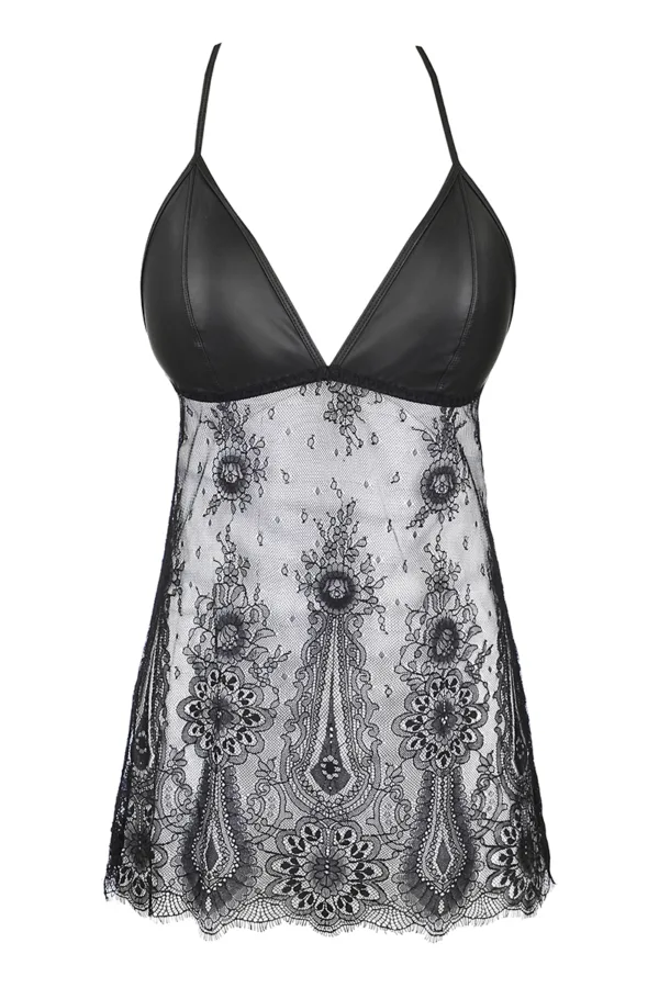 Nuisette dentelle et wetlook noire V-9789 – Axami - 94edenstreet.com - sexshop en ligne