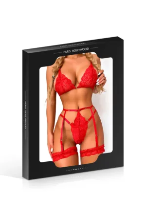 Ensemble 3 pièces en dentelle rouge - 94edenstreet.com - sexshop en ligne