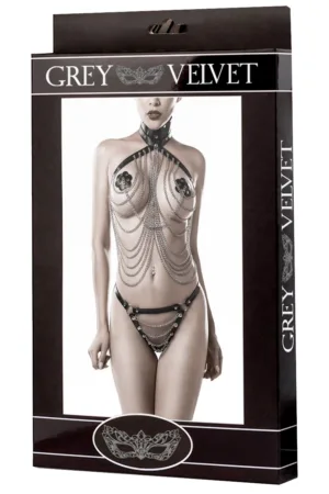 Lingerie SM cuir et chaînes 3 pièces – Grey Velvet - 94edenstreet.com - sexshop en ligne