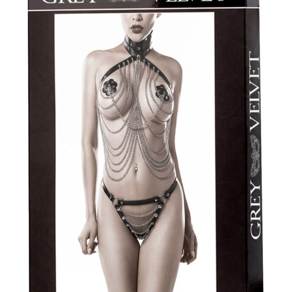 Lingerie SM cuir et chaînes 3 pièces – Grey Velvet