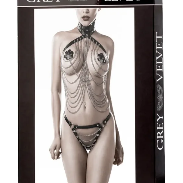 Lingerie SM cuir et chaînes 3 pièces – Grey Velvet