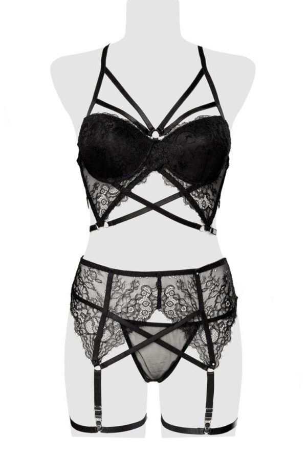 Ensemble lingerie dentelle harnais 3 pièces – Grey Velvet - 94edenstreet.com - sexshop en ligne