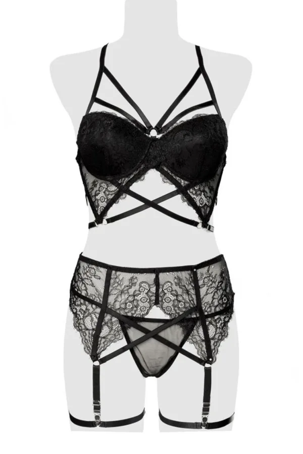 Ensemble lingerie dentelle harnais 3 pièces – Grey Velvet - 94edenstreet.com - sexshop en ligne