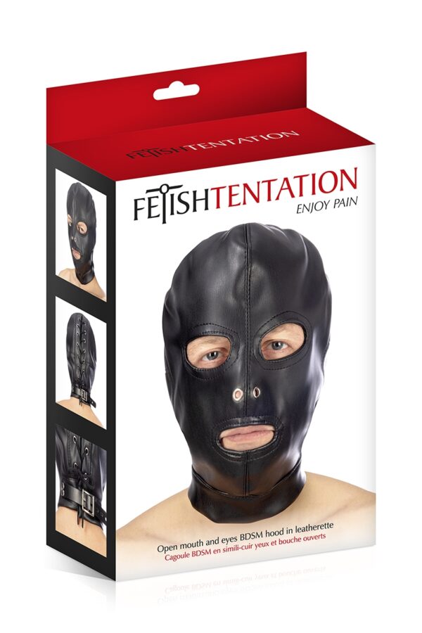 Cagoule BDSM 3 ouvertures en simili cuir – Fetish Tentation - 94edenstreet.com - sexshop en ligne