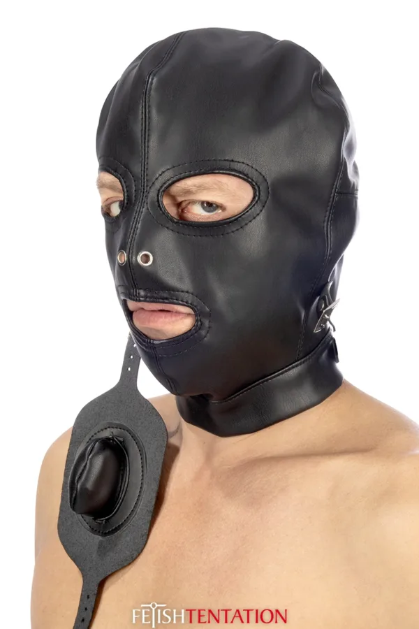 Cagoule BDSM simili cuir avec baillon amovible – Fetish Tentation - 94edenstreet.com - sexshop en ligne