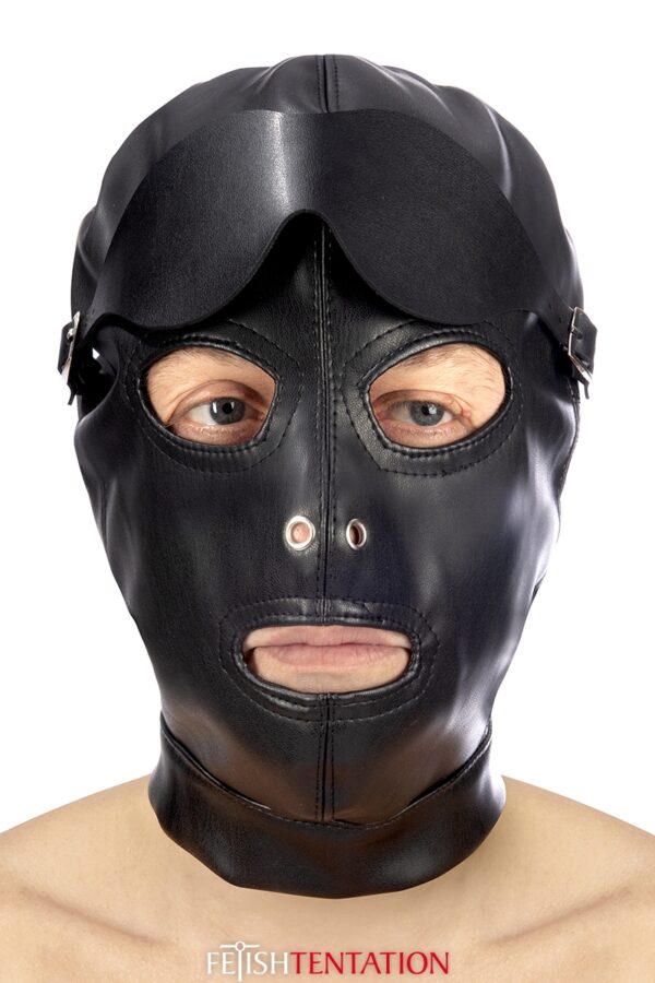 Cagoule simili cuir avec bandeau amovible – Fetish Tentation - 94edenstreet.com - sexshop en ligne