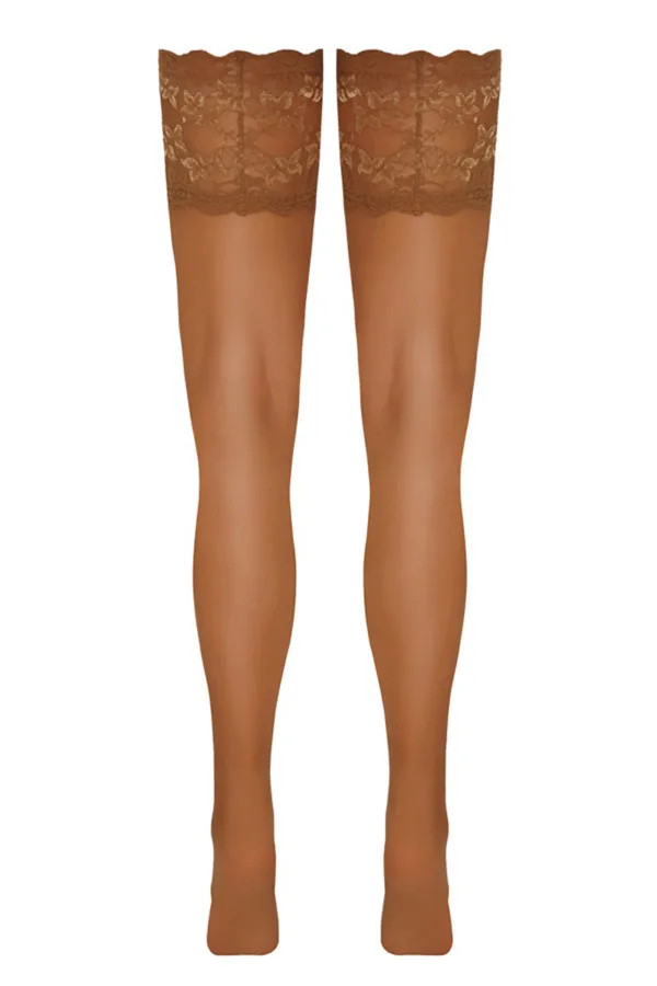 Bas autofixants large jarretière dentelle beige – Cotelli Legwear - 94edenstreet.com - sexshop en ligne