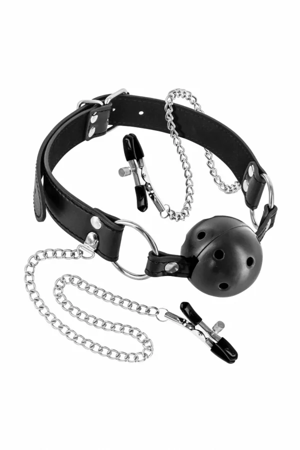 Baillon boule rigide et pinces à seins - 94edenstreet.com - sexshop en ligne
