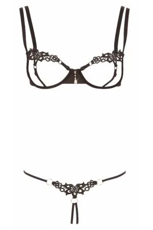 Ensemble dentelle string ouvert et seins nus noir – Cottelli Lingerie - 94edenstreet.com - sexshop en ligne