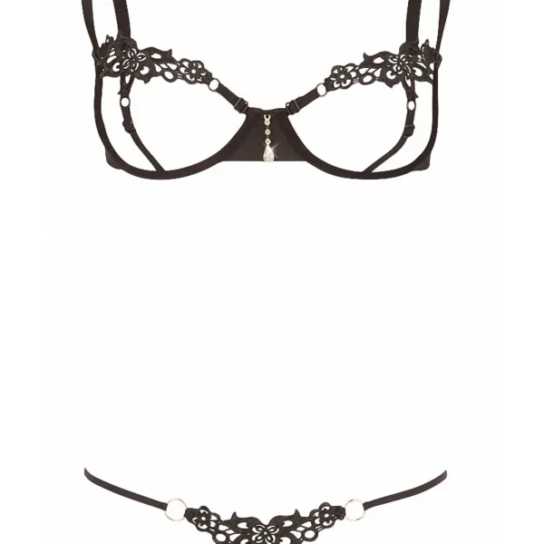 Ensemble dentelle string ouvert et seins nus noir – Cottelli Lingerie