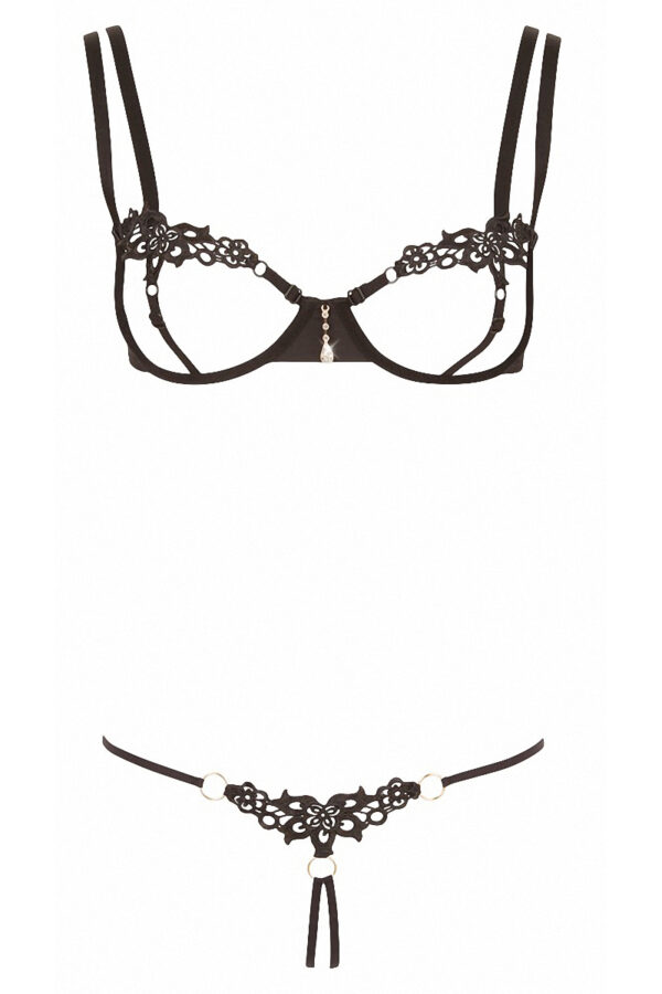 Ensemble dentelle string ouvert et seins nus noir - Cottelli Lingerie – Image 2