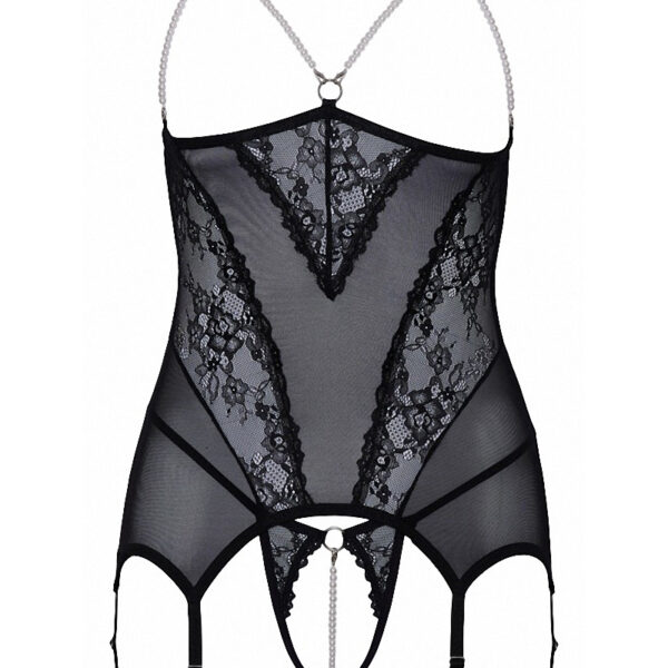 Guêpière seins nus et string ouvert résille et perles – Cottelli Lingerie