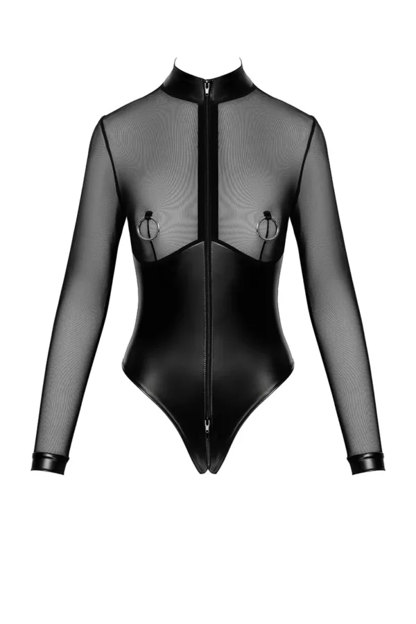 Body Edge zippé avec anneaux F321 wetlook et tulle - 94edenstreet.com - sexshop en ligne