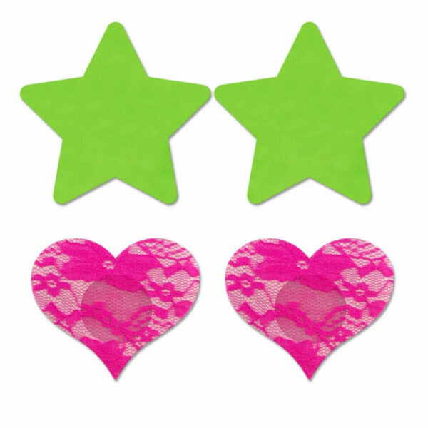 Set caches-tétons étoile vert fluo et cur rose fluo