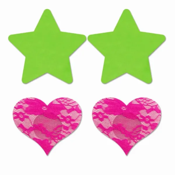 Set caches-tétons étoile vert fluo et cur rose fluo