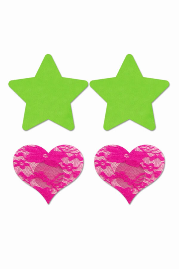 Set caches-tétons étoile vert fluo et cur rose fluo