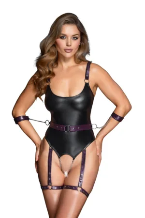 Body à jarretelles ouvert avec menottes - Cottelli Bondage